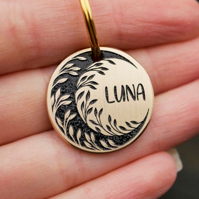 Personalized Floral Moon Tag Endraved Brass Metal Pet Tag