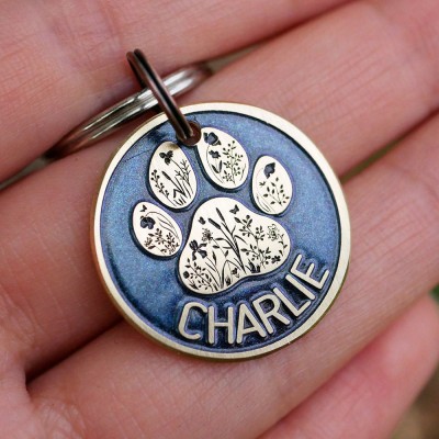 Personalized Floral Paw Pet Tag Endraved Brass Metal Pet Tag