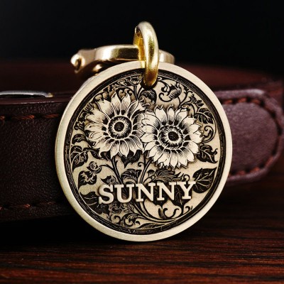 Personalized Brass Sunflower Pet Tag Endraved Brass Metal Pet Tag