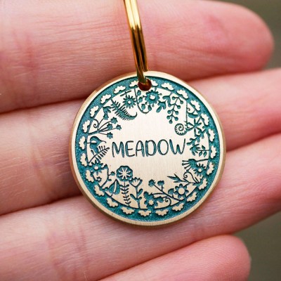 Personalized Floral Pet Tag Endraved Brass Metal Pet Tag